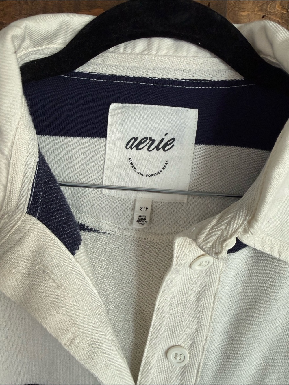 aerie Navy and White Striped Button-Down Rugby Shirt - Picture 2 of 3